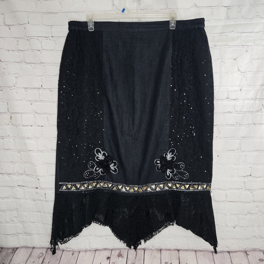 vtg fairy whimsigoth midi denim skirt Mixed media Asymmetric Floral lace Hem Y2k